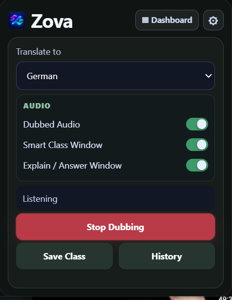 Zova popup to choose a language and start the classroom session