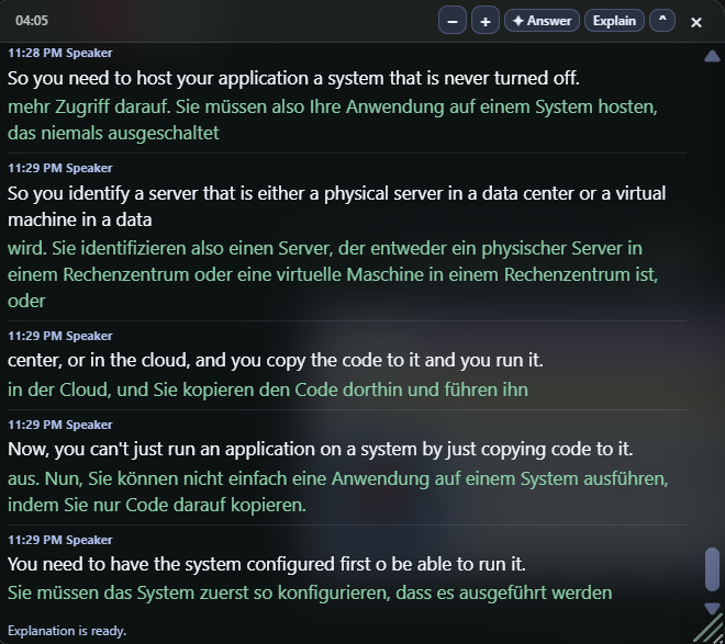 Zova Smart Class live transcription and translation over a YouTube lesson
