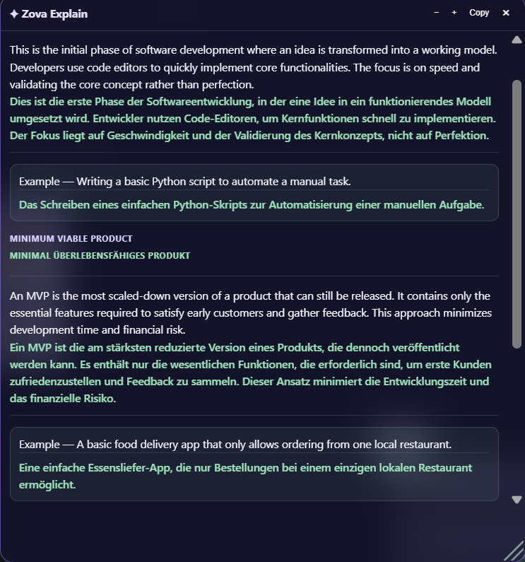 Zova Settings with optional translated audio controls
