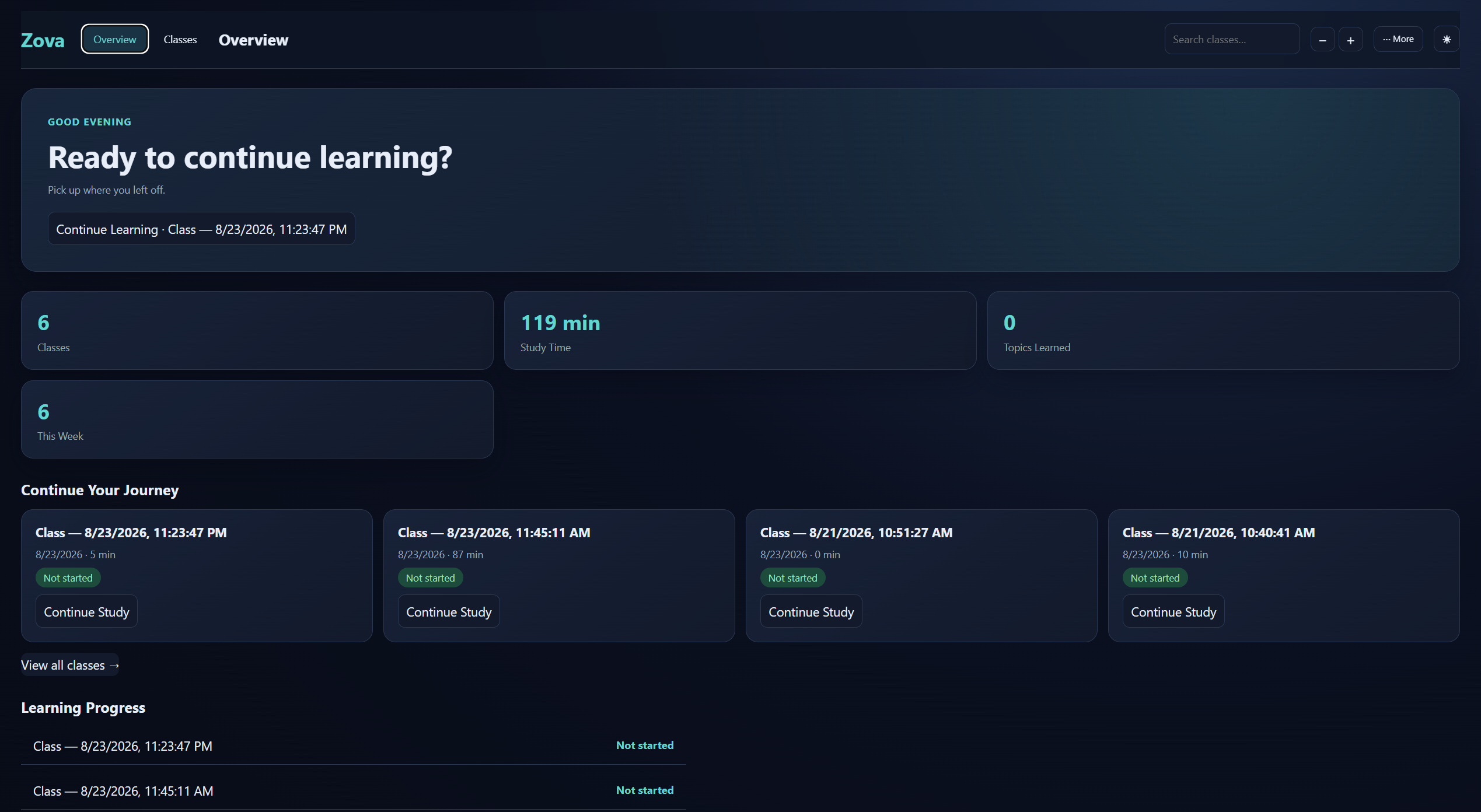 Zova Dashboard showing saved classes